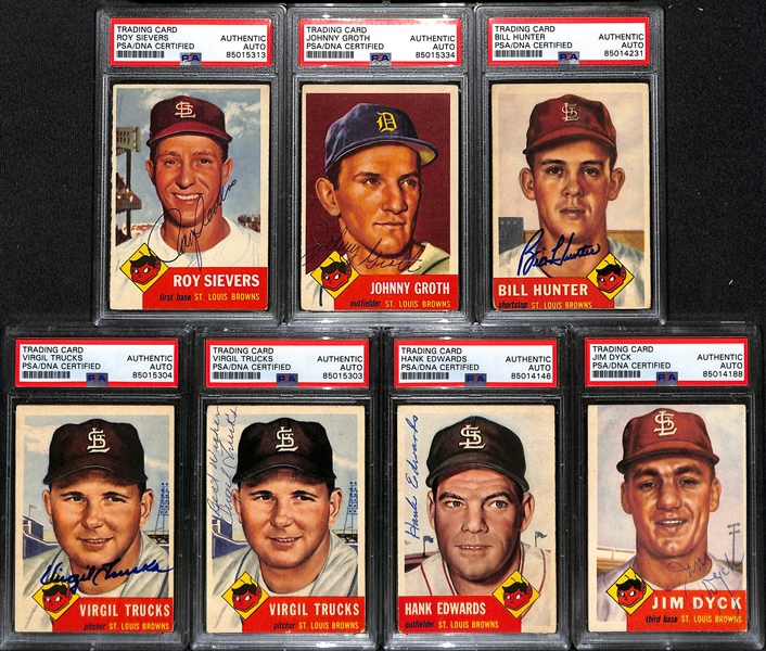(7) 1953 Topps Signed Cards w. Roy Sievers, Johnny Groth, Bill Hunter, (2) Virgil Trucks, Hank Edwards, and Jim Dyck. (PSA/DNA Certified)